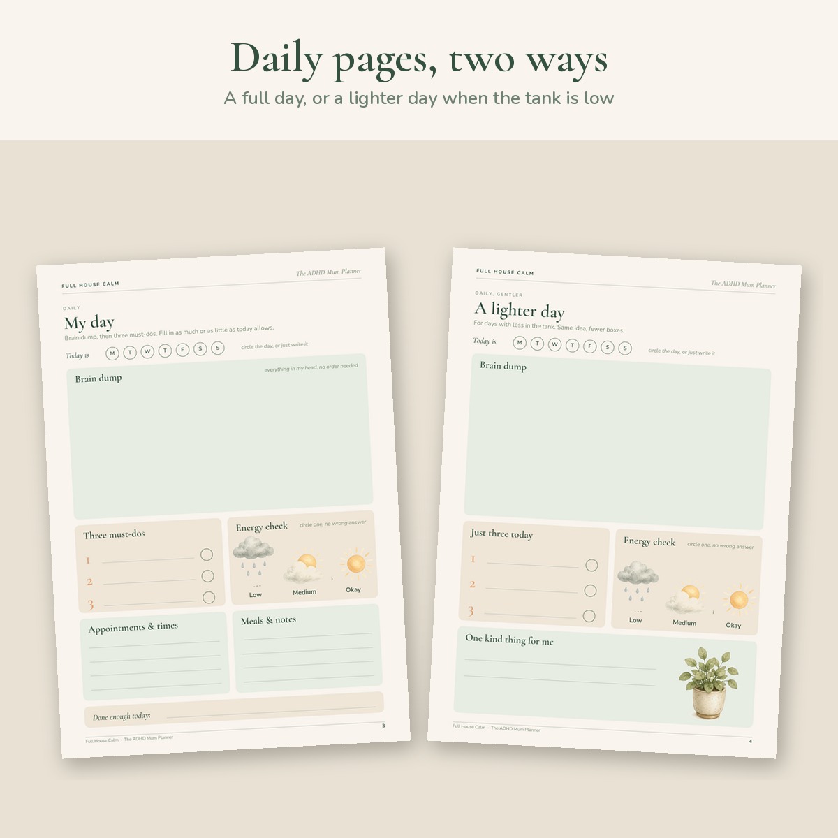 The My day page with brain dump, three must-dos and energy check