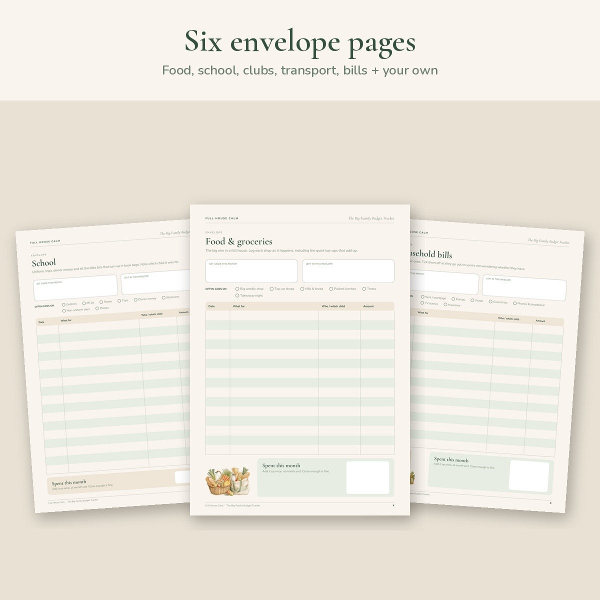 Envelope pages for food, school, clubs, transport and bills