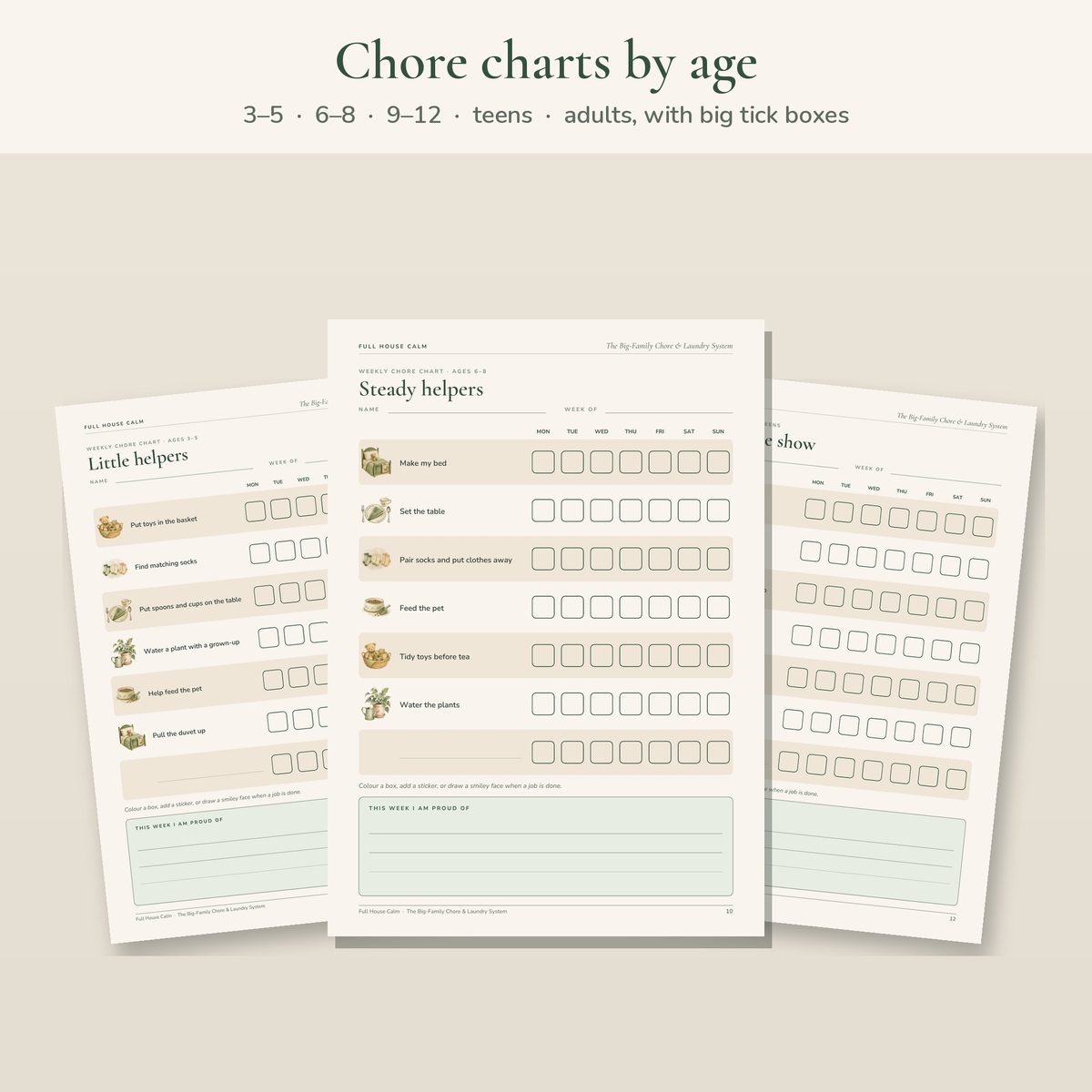 Weekly chore charts for each age band