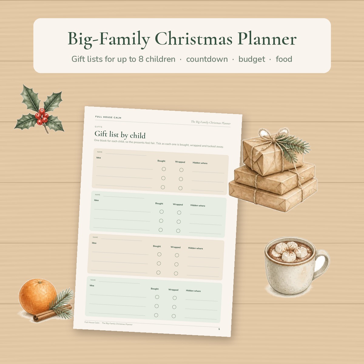 The Big-Family Christmas Planner gift list by child page on a wooden table with holly, wrapped presents and hot chocolate
