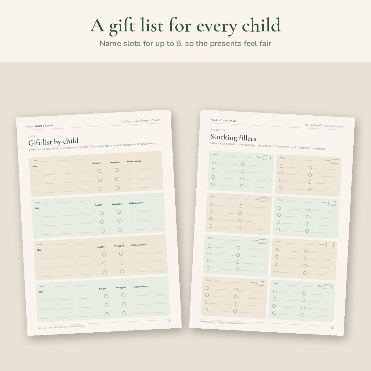 Gift list by child and stocking filler pages with a name slot for each child