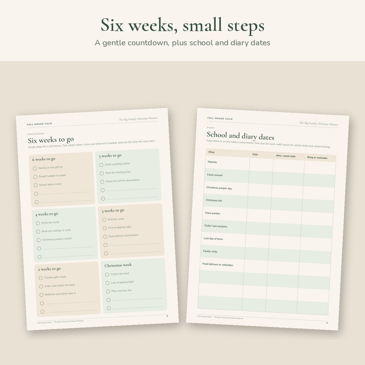 The six weeks to go countdown and school and diary dates pages