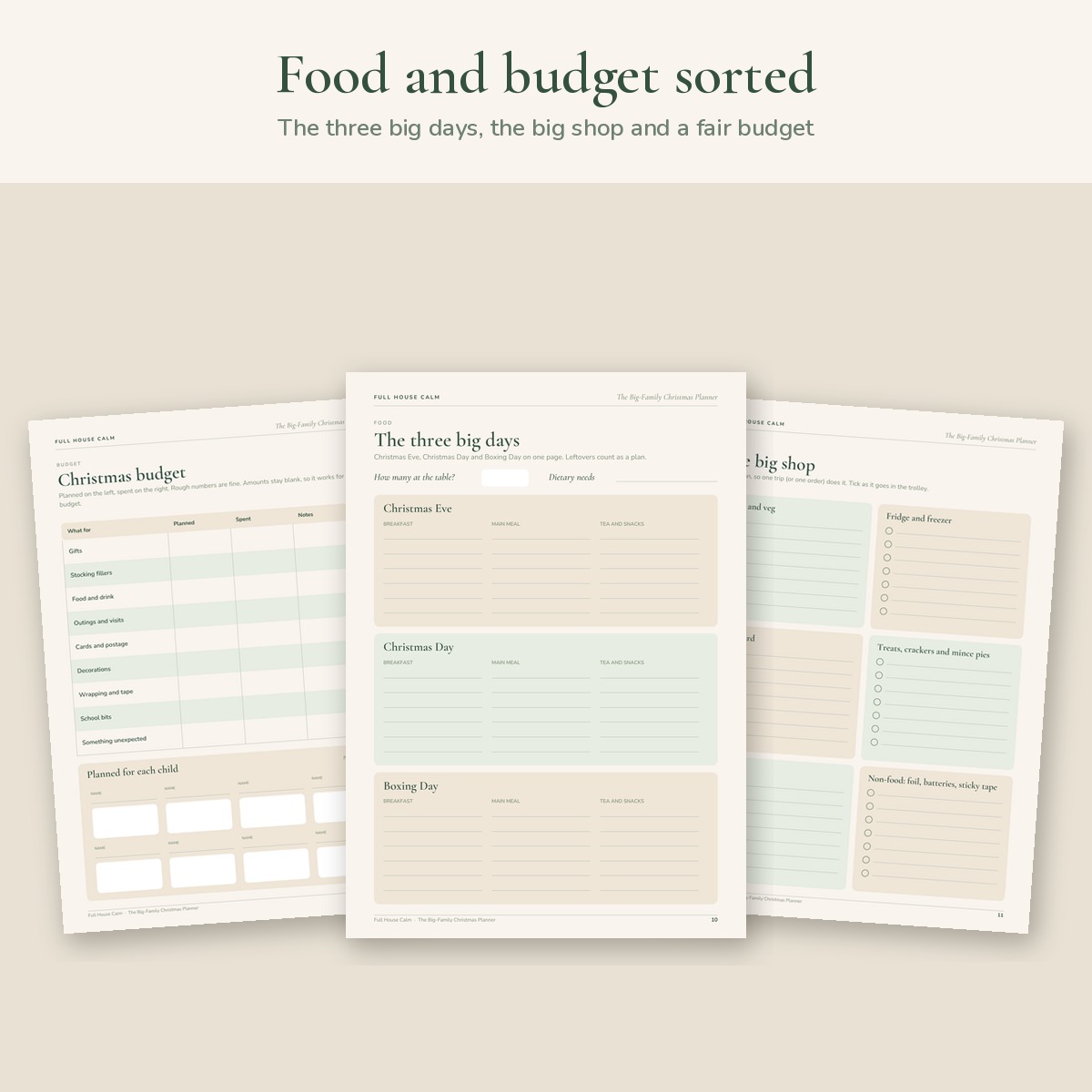 The three big days menus and Christmas budget pages