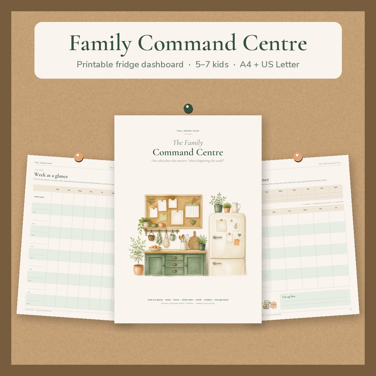 The Family Command Centre cover pinned to a cork board between two planner pages