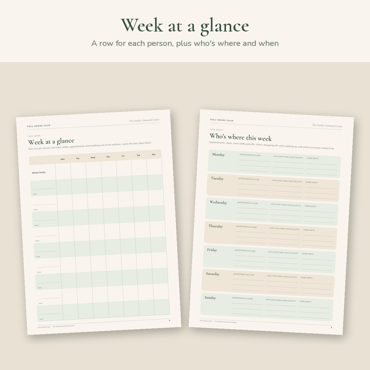 The week-at-a-glance page with a whole-family row and blank name rows