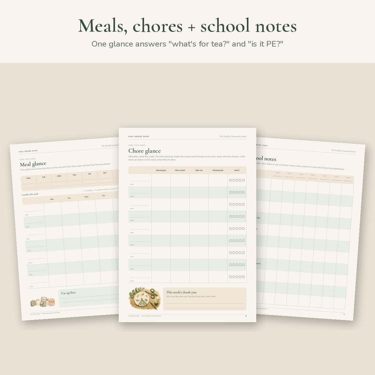 The meal glance, chore glance and school notes pages