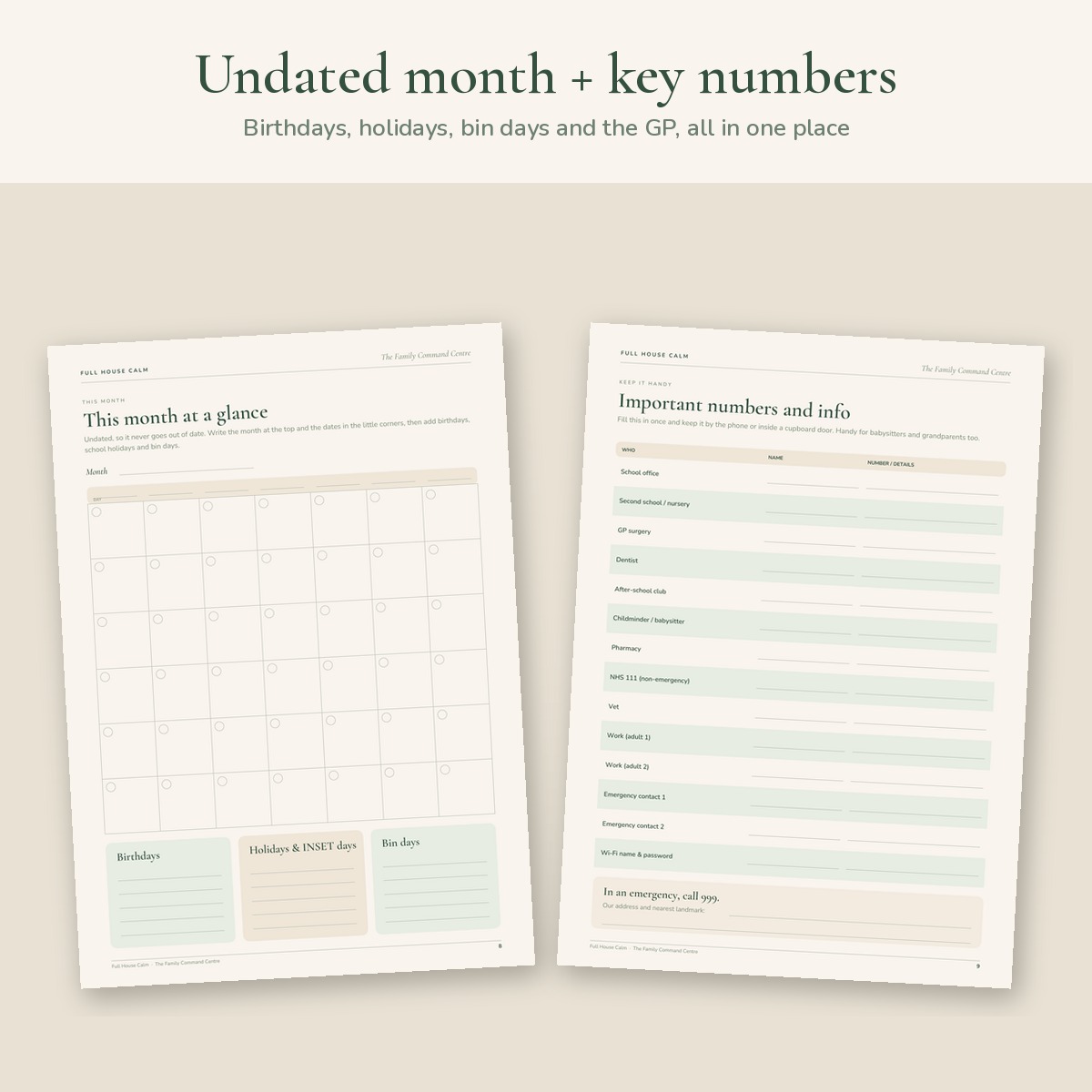 The undated month page and the important numbers page