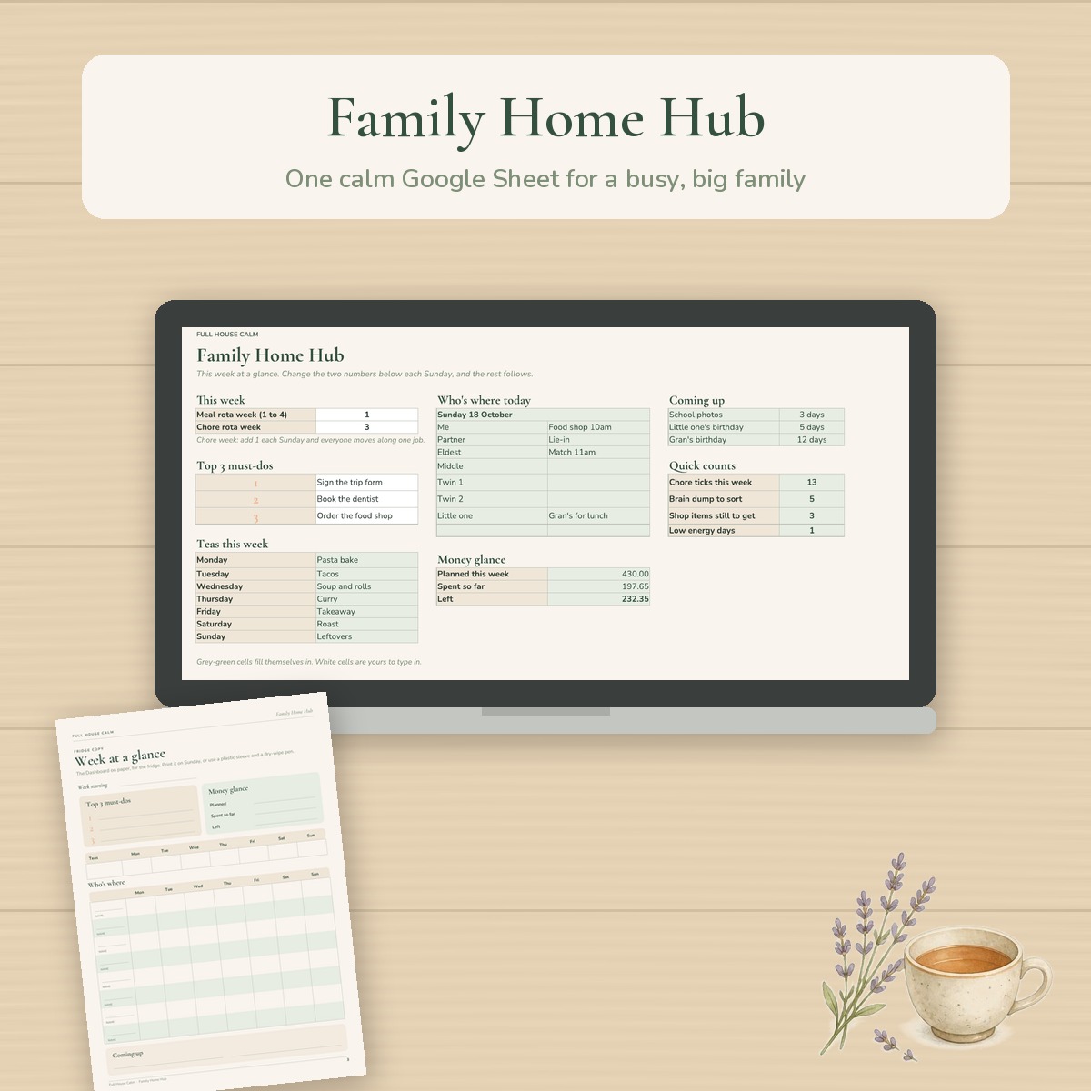 The Family Home Hub dashboard on a laptop, with a printed week at a glance page, lavender and a cup of tea on a wooden table