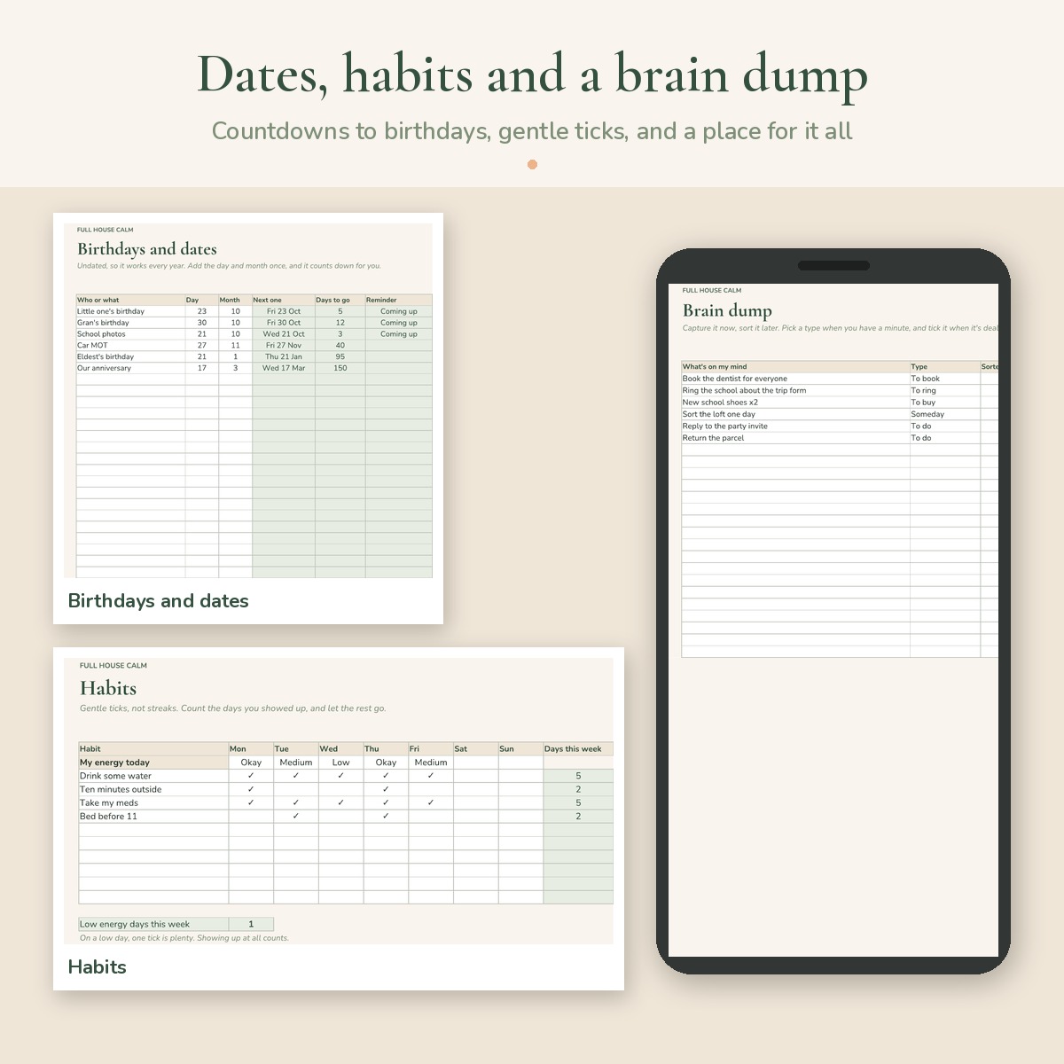 The Birthdays and dates, Habits and Brain dump tabs