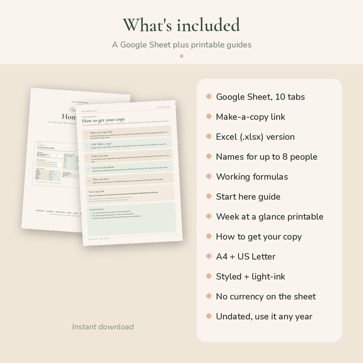Everything included: a 10-tab Google Sheet, an Excel version and printable guides in A4 and US Letter