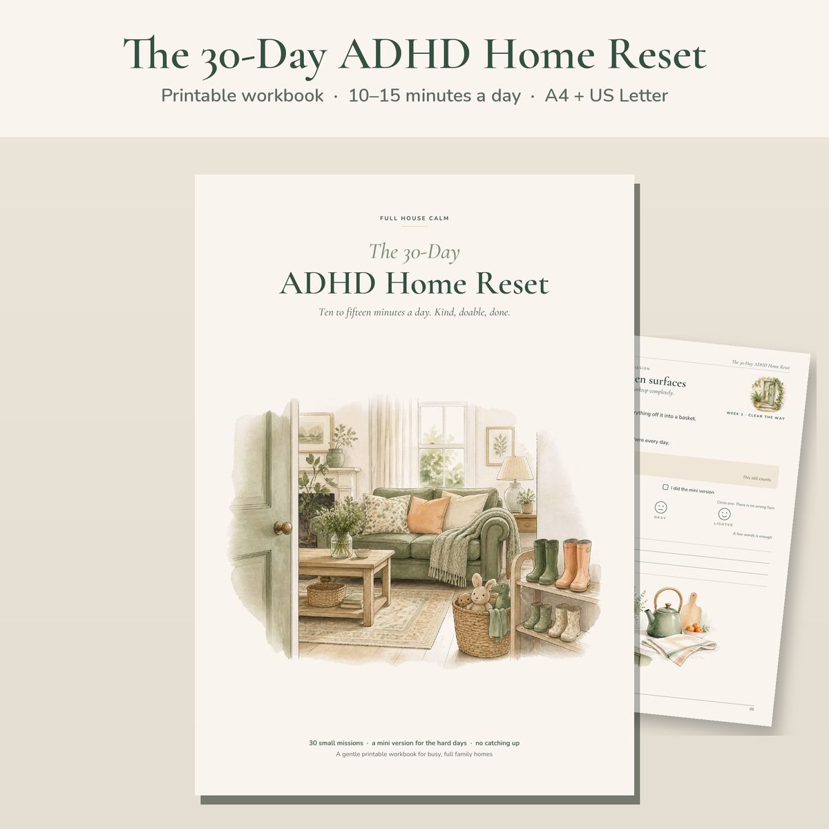 The 30-Day ADHD Home Reset workbook cover with a watercolour family cottage
