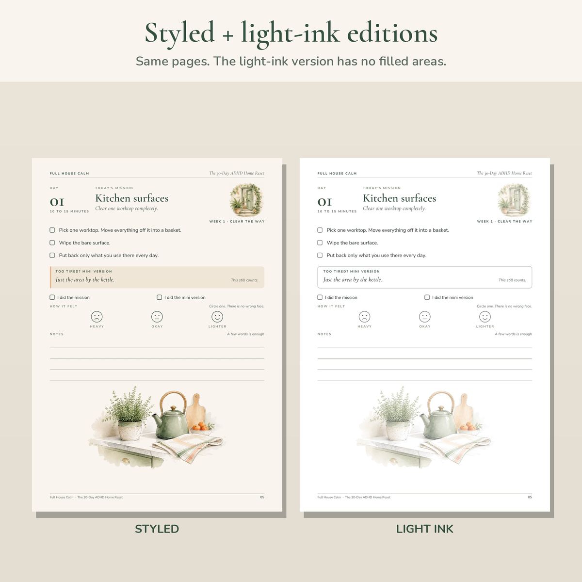 Styled edition next to the light-ink edition