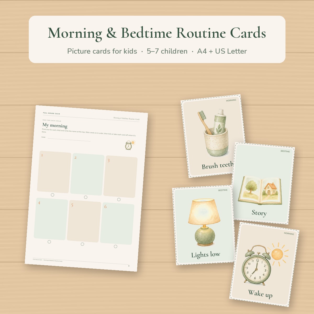 Morning and bedtime routine picture cards laid out on a table