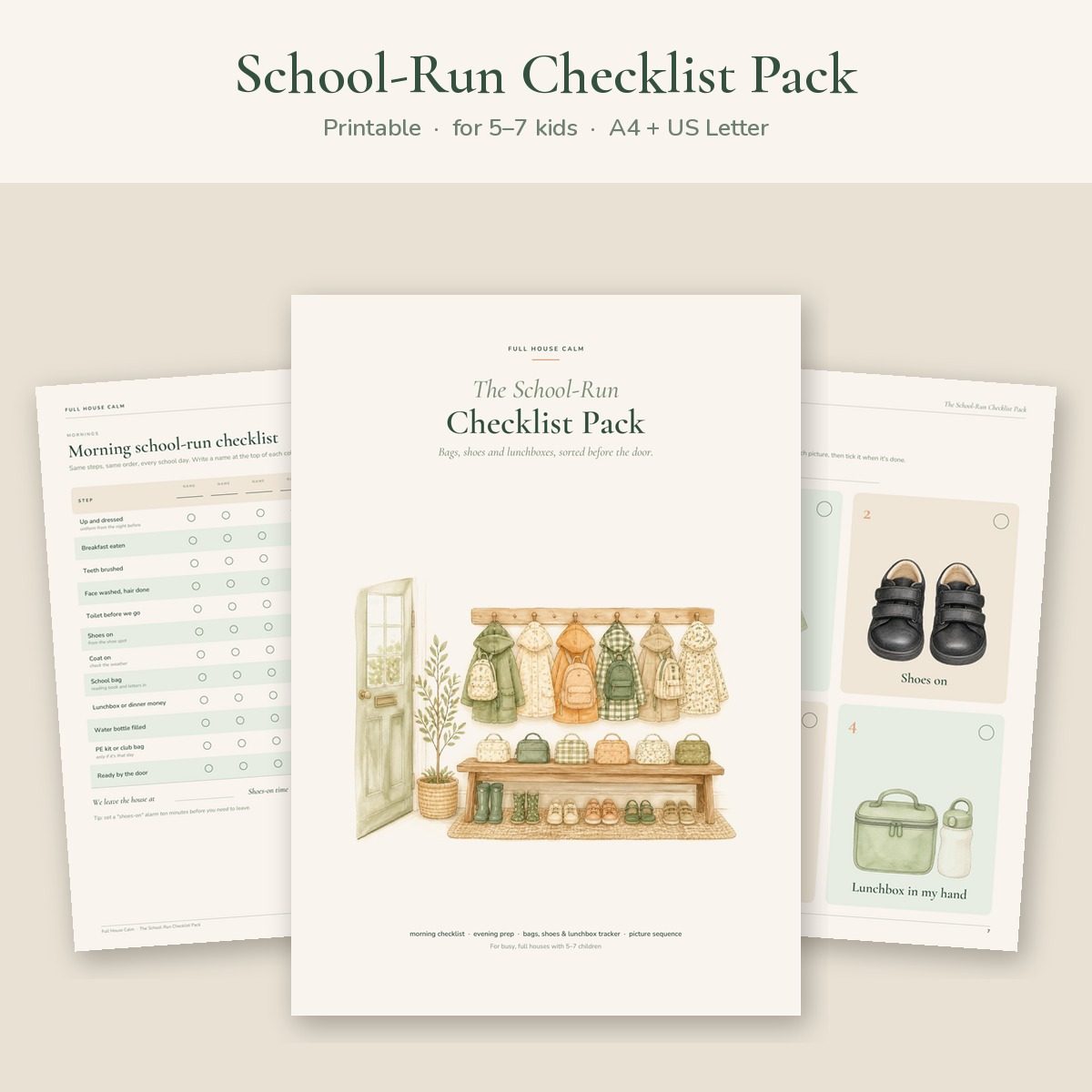The School-Run Checklist Pack cover with a watercolour hallway of coats, bags and shoes
