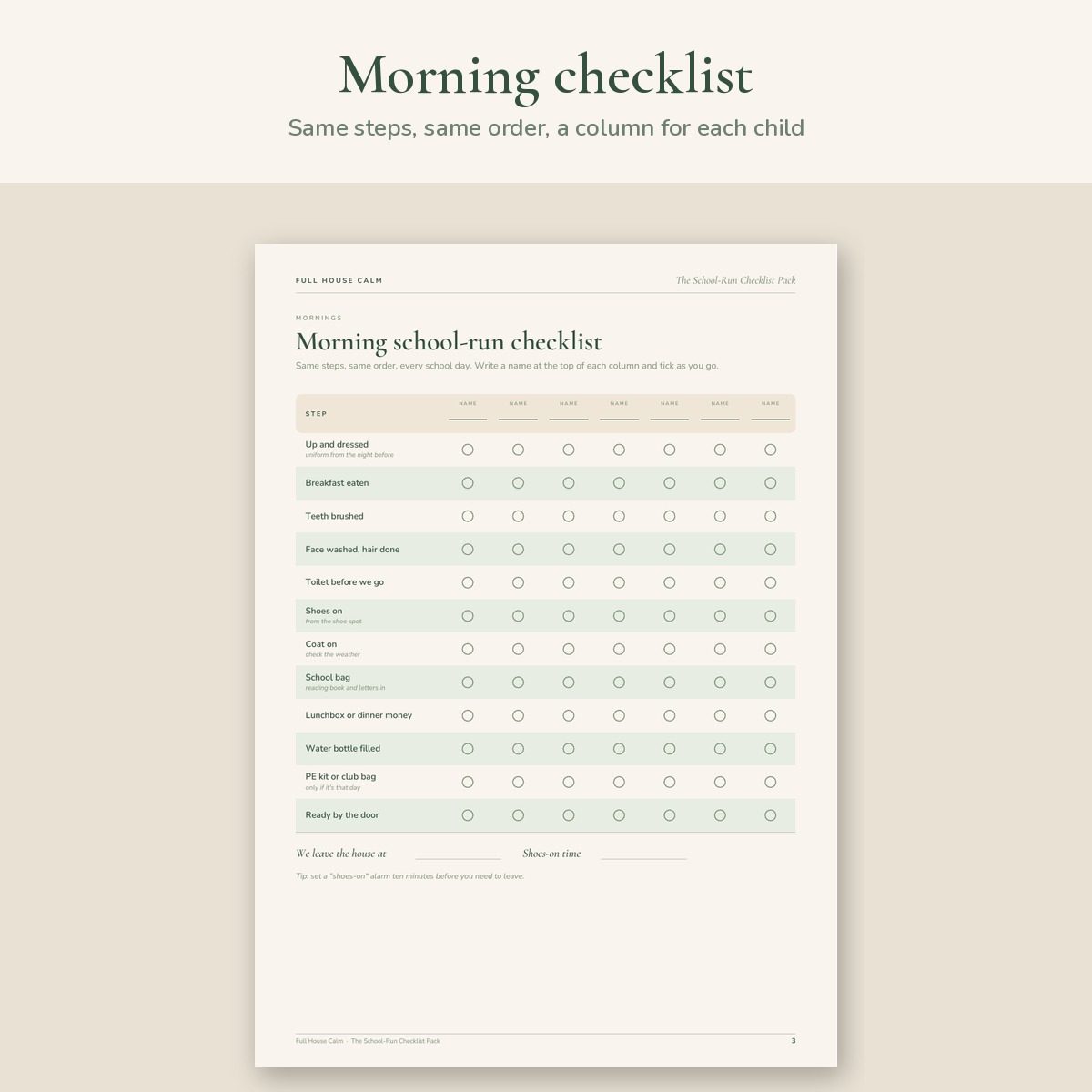 The morning school-run checklist with seven blank name columns
