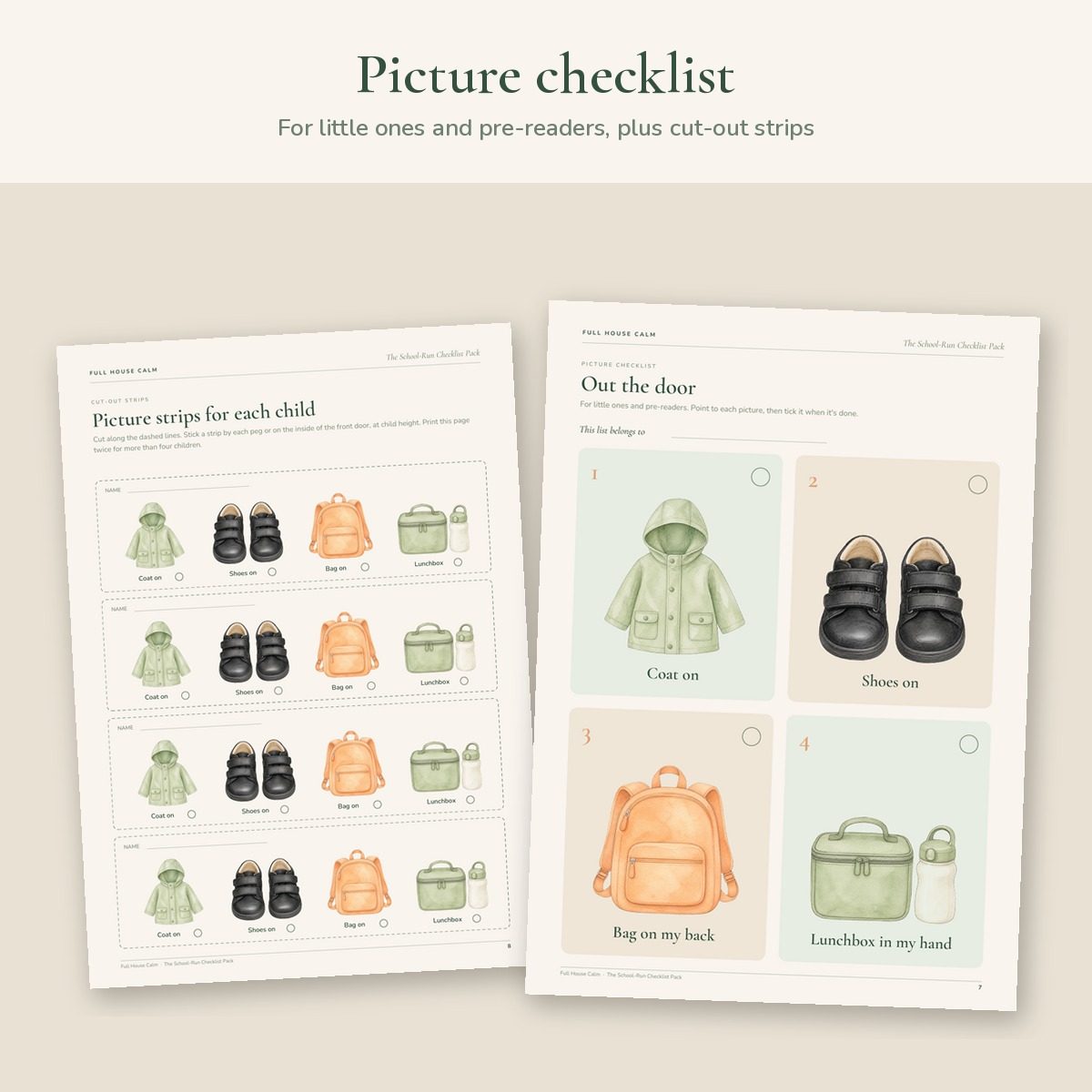 The out-the-door picture checklist and cut-out picture strips