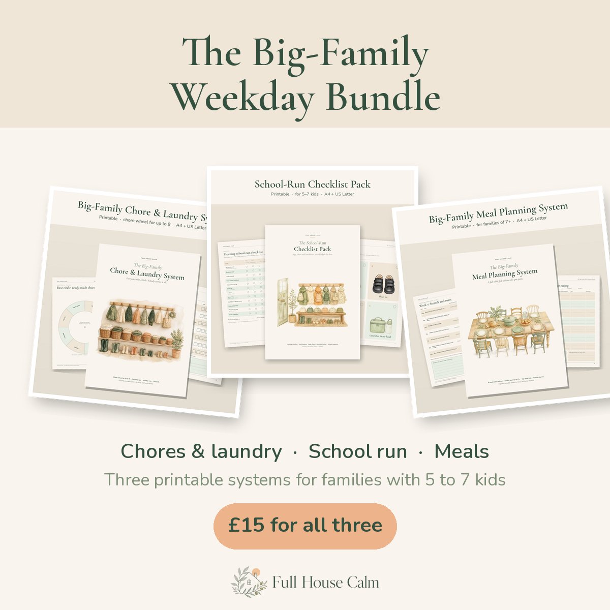 The Big-Family Weekday Bundle: the Chore & Laundry System, School-Run Checklist Pack and Meal Planning System covers